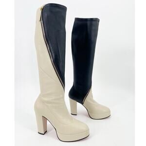 Gucci Navy Blue Ivory Bicolor Agon Knee High Asymmetric Zip Platform Boot EU 39